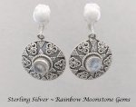 Sterling Silver Clip On Earrings with Rainbow Moonstone Gems