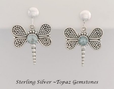 Dragonfly Clip-on with Blue Topaz Gemstones - Sterling Silver