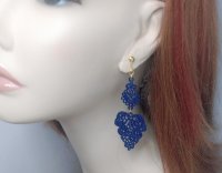 Clip On Drop Earrings Metal Filigree Navy Blue Enamled