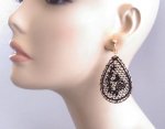 Black Embroidered Dangle Clip On Earrings, Gold, by Dazzlers