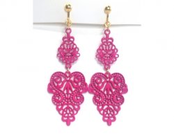 Dangle Clip On Earrings Hot Pink Metal Filigree 2 Tier Long Drop