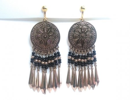 Aztec Design Clip On Gold Earrings with Dangling Spears Stunning