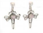 Dragonfly Clip On Earrings, Rose Quartz Gems, Sterling Silver