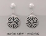 Petite Clip-on Earrings, Sterling Silver with Malachite, Celtic