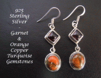 Sterling Silver Earrings with Garnet and Orange Copper Turquoise