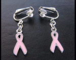 Fashion Clip On Earrings, Enameled Pink Ribbon, Tibetan Silver