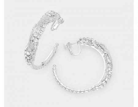 Stunning Ornate Silver Clip On Hoop Earrings with Crystals