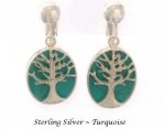 Sterling Silver Clip On Earrings, Turquoise, Tree of Life