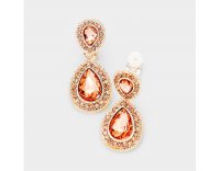 Rose Gold Clip On Earrings with Peach Crystals - Dangle Earring