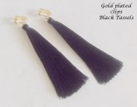 Clip On Tassel Earrings, Black Fine Cotton, Gold Earring Clips