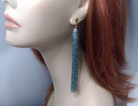 Clip On Tassle Earrings Long Drop Mint Acrylic Strands