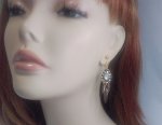 Gold Clip On Dangle Earrings with Faux Gemstones and Feathers