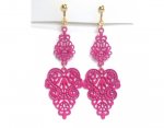 Dangle Clip On Earrings Hot Pink Metal Filigree 2 Tier Long Drop