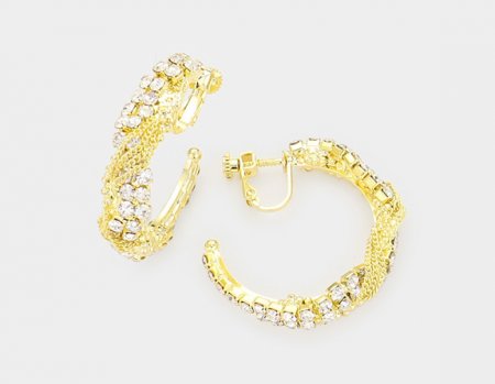 Glamorous Clip On Hoop Earrings Gold with Dazzling Crystals