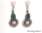 Clip On Pearl Earrings with Malachite Gems, Sterling Silver