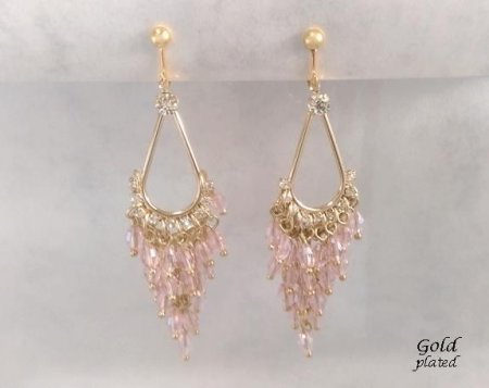 Clip On Chandelier Earrings, Gold with Pink Crystals, Bridal