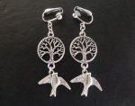 Fashion Clip On Earrings Tree of Life with Bird, Tibetan Silver