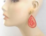 Red Embroidered Drop Clip On Gold Earrings by Dazzlers