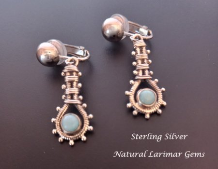 Sterling Silver Clip On Earrings with Larimar Gemstones