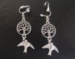 Fashion Clip On Earrings Tree of Life with Bird, Tibetan Silver