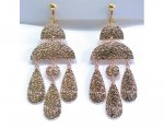 Gold Long Drop Dangle Clip On Earrings Hammered Finish