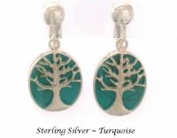 Sterling Silver Clip On Earrings, Turquoise, Tree of Life