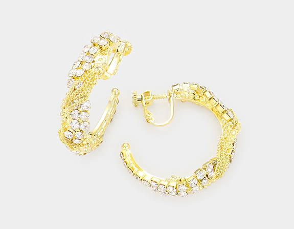 Glamorous Clip On Hoop Earrings Gold with Dazzling Crystals - Click Image to Close