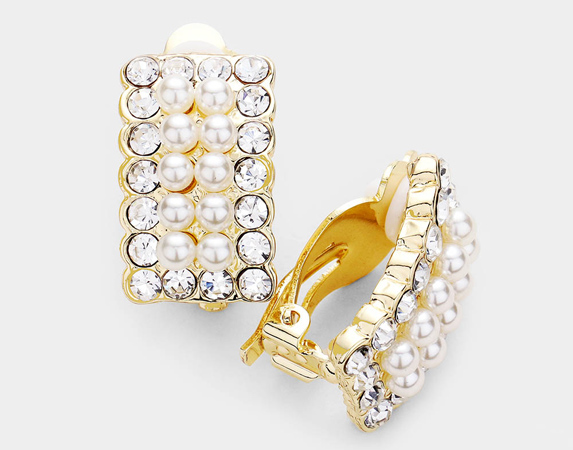 Clip On Pearl Earrings Gold with Dazzling Crystals - Click Image to Close