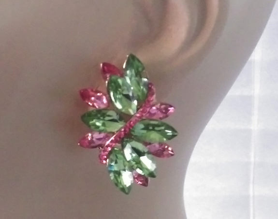 Spectacular Marquis Crystal Clip On Earrings Pink & Green - Click Image to Close