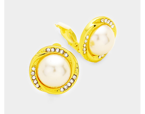 Pearl Clip On Earrings Gold with Dazzling Crystals - Click Image to Close