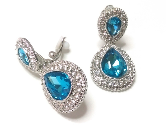 Gorgeous Aqua Crystal Clip On Earrings with Crystal Pave - Click Image to Close