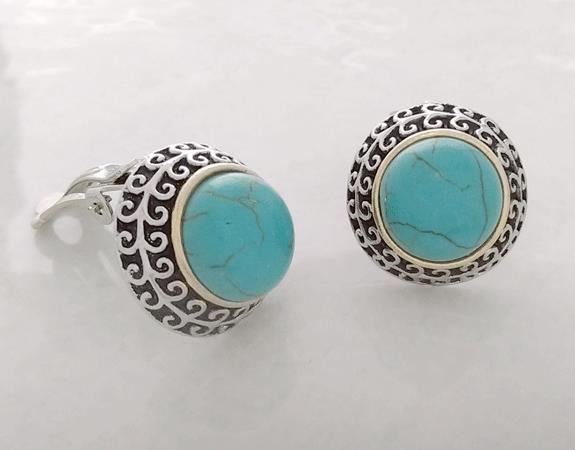 Classy Retro Button Style Clip On Earrings, Faux Turquoise Gems - Click Image to Close