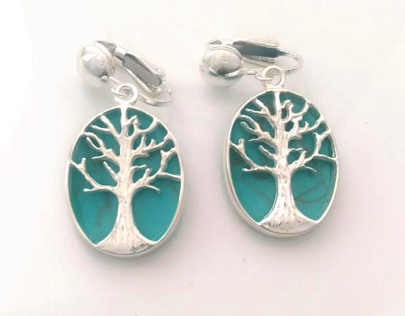 Sterling Silver Clip On Earrings, Turquoise, Tree of Life - Click Image to Close