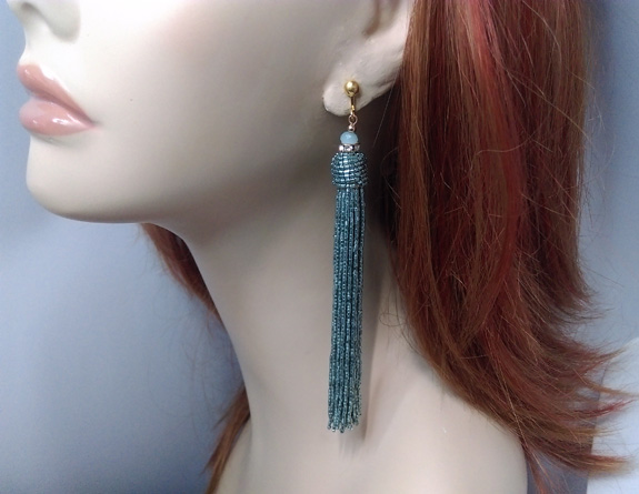 Clip On Tassle Earrings Long Drop Mint Acrylic Strands - Click Image to Close