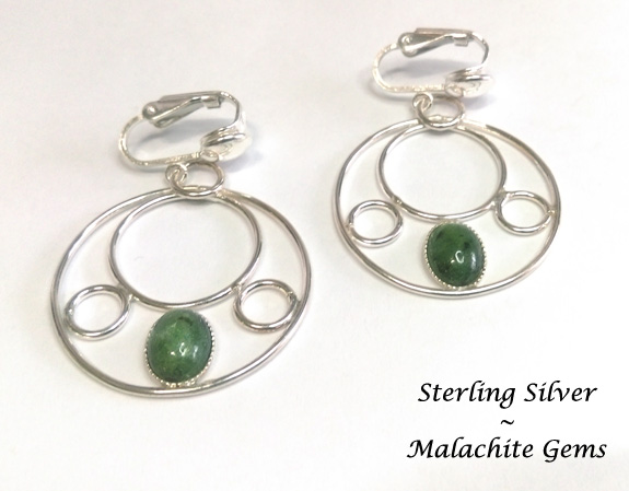 Sterling Silver Clip On Hoop Earrings with Malachite Gems - Click Image to Close