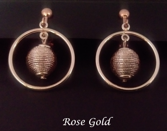 Rose Gold Clip On Dangle Earrings with Beehive inside a Hoop - Click Image to Close